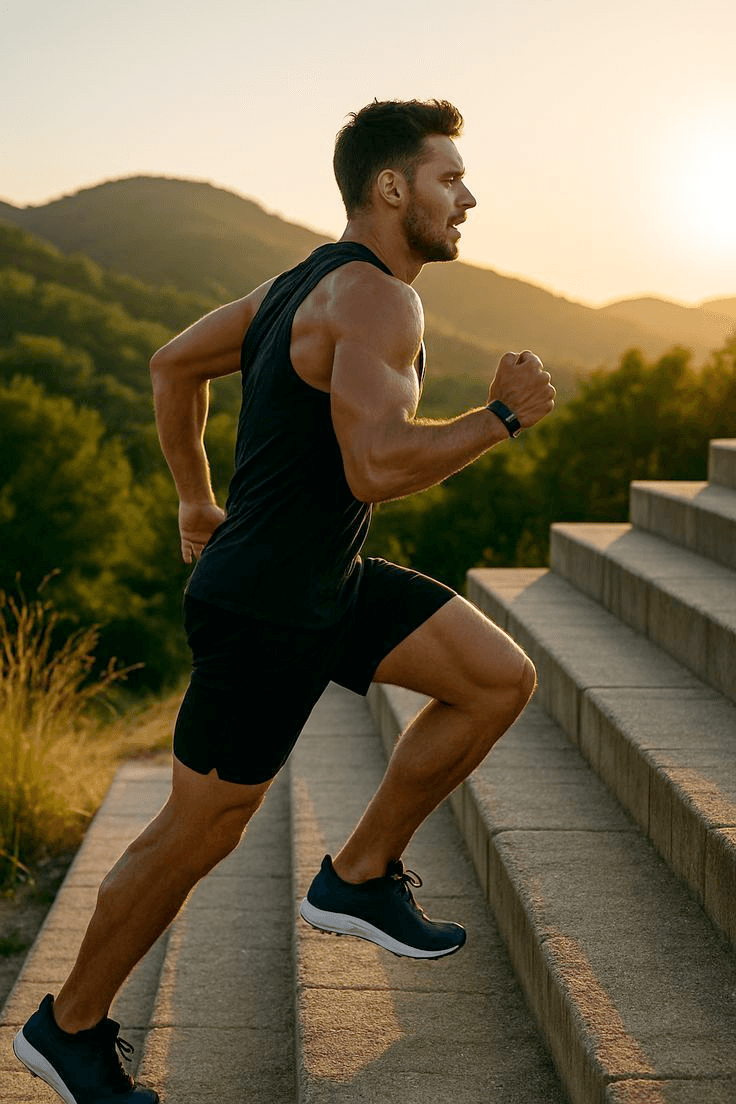A runner training outdoors at golden hour