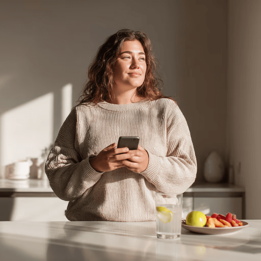A woman checking her phone in a bright kitchen